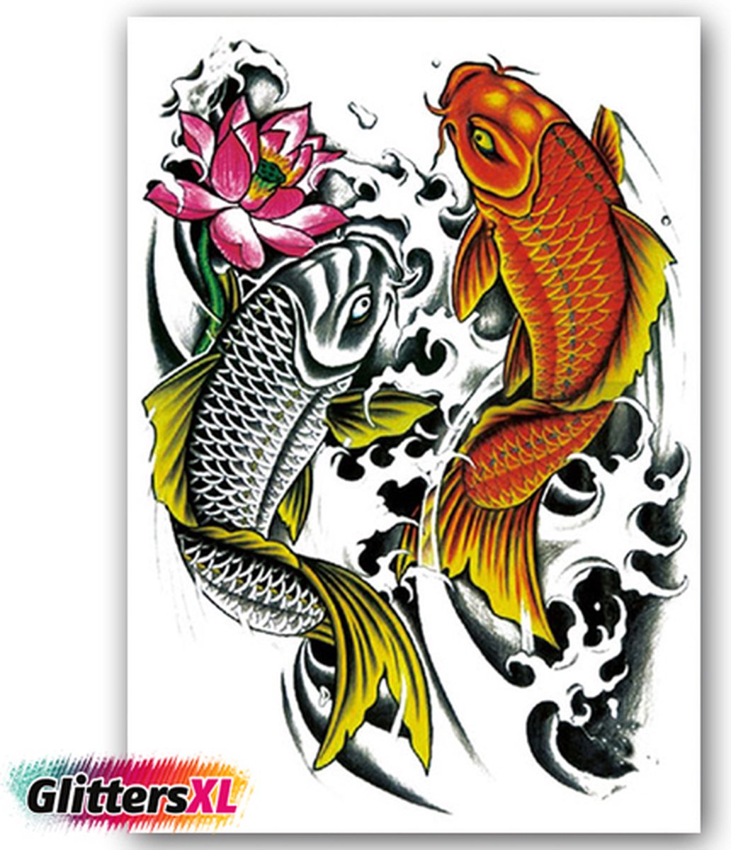 GlittersXL - Temporary Tattoo Vissen/Karpers/Karper (A5 formaat) [Neptattoo - Tijdelijke tatoeage - Nep Fake Tattoos - Water overdraagbare festival sticker henna outfit tattoo - Glitter tattoo - Volwassenen Kinderen Jongen Meisje]